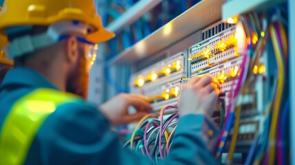 Wall Mural - electrician and engineer work on an electrical circuit with many cables for communication and data transfer