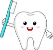 Cute cartoon tooth character with toothbrush. Dental care concept. Vector illustration.