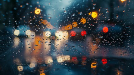 Poster - A view of a wet and rainy street seen through a window. Raindrops splatter on the glass as cars drive by, creating a dreary scene.