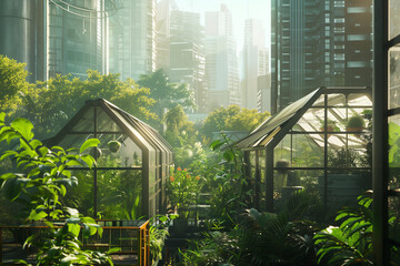 Wall Mural - Rooftop garden in a futuristic city, AI-generated.