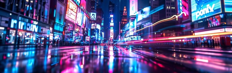 Aufkleber - A city street at night with neon signs and people walking. Scene is energetic and bustling