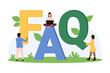 FAQ title, frequently asked questions. Tiny people holding letters of bubble type, characters of support service find answers, suggestion and facts to user questions cartoon vector illustration