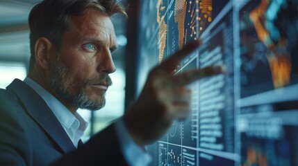 Poster - Businessman pointing at risk management concept on screen. Generative AI.