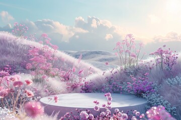 Wall Mural - A beautiful, pink flowery field with a small, round, white stone in the middle