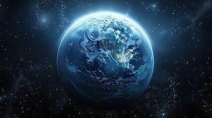 Poster - Earth Like planet with a glowing blue atmosphere. Generative AI.