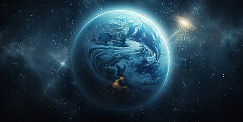 Poster - Earth Like planet with a glowing blue atmosphere. Generative AI.