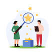 Customer review, comparison of user opinions, satisfaction and experiences about product. Tiny people looking through magnifying glass at golden stars flying out of box cartoon vector illustration