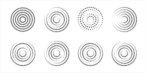 Canvas Print - Concentric circles with broken dotted lines isolated on white background. Circular ripple icons. Whirlpool, sonar wave, soundwave, sunburst, signal signs. Vector graphic illustration