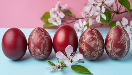 Wall Mural - festive red easter eggs with floral patterns on a vibrant background