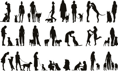 Wall Mural - people with dogs, woman playing with dog set silhouette on white background vector