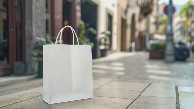 Clean white paper bag mockup on a city street, a canvas for your retail branding