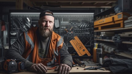Poster - Generative AI Portrait of a builder with a toolbox, organized and ready, construction tools and materials visible in the background