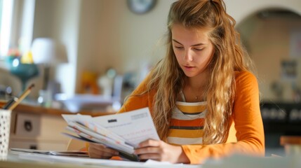 Poster - A woman is seated at a table, engrossed in reading a paper. She appears focused and attentive, possibly absorbing information or working on a task.