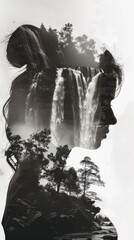 Poster - A double exposure featuring a womans face superimposed with a majestic waterfall in the background. The womans features blend seamlessly with the cascading water, creating a unique and artistic visual
