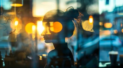 Poster - A womans head is reflected in a window, creating a double exposure effect. The glass surface shows a clear image of the womans face with the surrounding environment in the background.