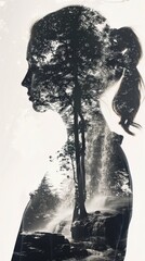 Poster - A silhouette of a woman standing in front of a tree, blending together to create a striking contrast. The outline of the woman is distinct against the dark outline of the tree in the background.