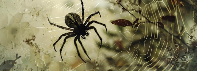 A detailed view of a spider perched on its intricate web, showcasing the arachnids delicate features and the structure of the web.