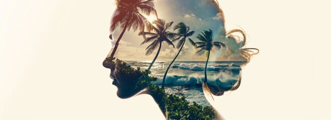 Poster - A double exposure featuring a womans face overlaying palm trees in the background. The womans features are intertwined with the leafy outlines of the palm trees, creating a unique visual effect.