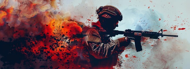 Poster - A man in a military uniform is holding a rifle and standing in front of a fire. Concept of danger and action, as the man is ready to engage in combat. The red and orange colors of the fire