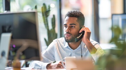 Poster - A man in business attire sitting at a desk while engaged in a phone conversation. He is likely discussing work-related matters and appears focused on the call.