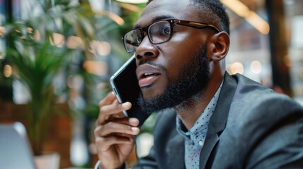 Poster - A man wearing glasses is engaged in a call on his cell phone. He appears focused and attentive while communicating.