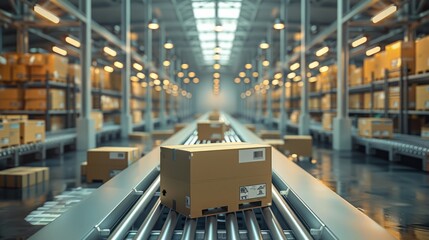 Leinwandbilder - Logistics center or warehouse, concept of global distribution and supply chain management. The foreground features miniature transporting cargo boxes along a conveyor system. Generative AI.