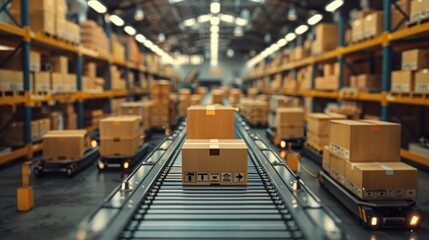Leinwandbilder - Logistics center or warehouse, concept of global distribution and supply chain management. The foreground features miniature transporting cargo boxes along a conveyor system. Generative AI.