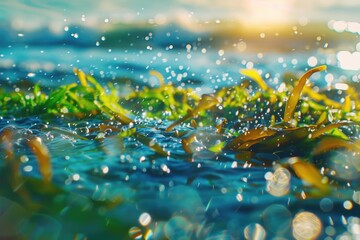 Sea Weed. Dancing Green Seaweed in Blue Waters Under the Sunlight