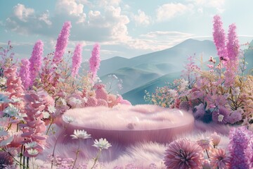 Wall Mural - A pink flower field with mountains in the background