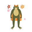 Cute green frog superhero, brave animal character in hero costume and mask vector illustration