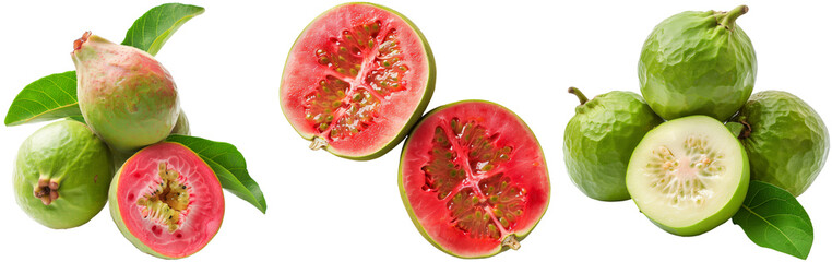 Wall Mural - Exotic guava bundle, whole fruit and cut in half, side and top down view, isolated on a transparent background