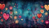 Romantic love celebration background: hearts and flowers in diffrent shapes on dark blue wallpaper