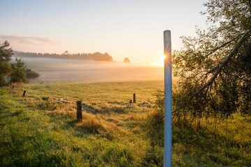 Wall Mural - Scenic view of sunset over a green field in the countryside