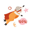Cute brave sheep in superhero mask and cape flying to protect kids vector illustration