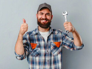 Wall Mural - A bearded man holding a wrench and giving thumbs up.