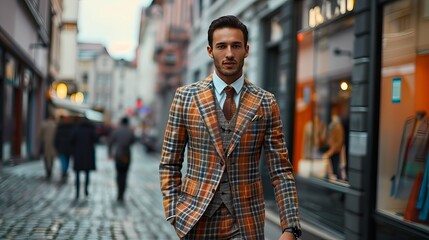 Wall Mural - A good-looking man in a checkered suit is walking down the street.