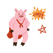 Cute pink pig in superhero cape standing in confident brave pose vector illustration