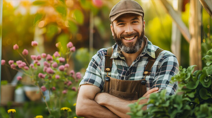 Wall Mural - A man in overalls and cap standing in a garden.