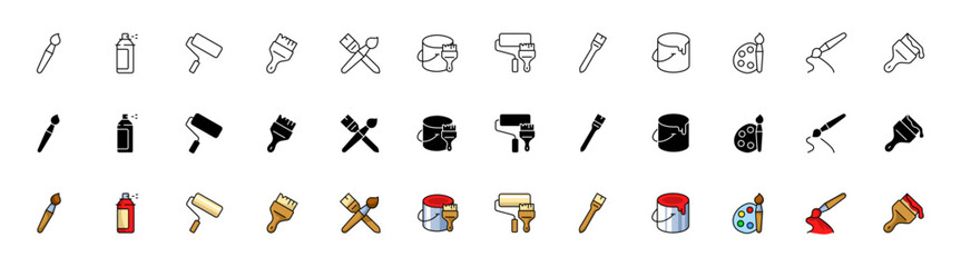 Poster - Painting icons collection. Linear, silhouette and flat style. Vector icons