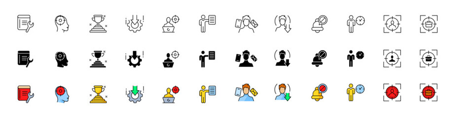 Poster - Purpose icons collection. Linear, silhouette and flat style. Vector icons