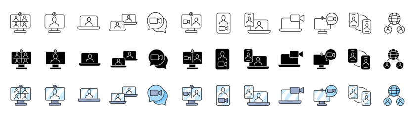 Poster - Video conference icons collection. Linear, silhouette and flat style. Vector icons