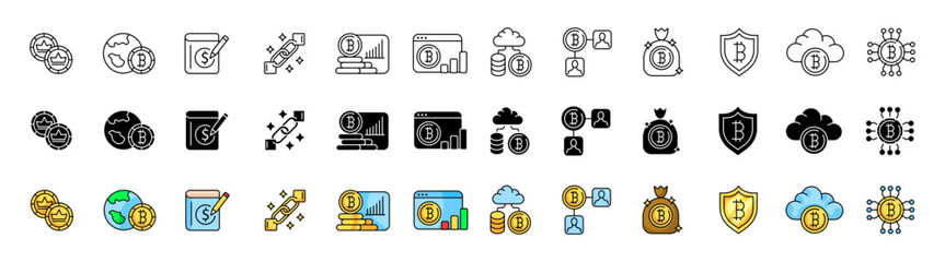 Poster - Bitcoin icons collection. Linear, silhouette and flat style. Vector icons