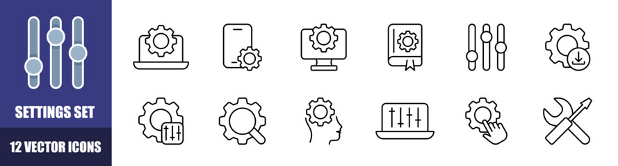 Poster - Settings icons set. Gear icons. Linear style. Vector icons