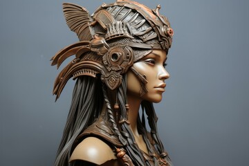 Poster - Close-up of a female concept art figure with futuristic warrior helmet