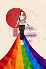 Canvas Print - Vertical photo collage of girl blurred face stand rainbow colorful stripes lgbt pride propaganda lesbian isolated on painted background