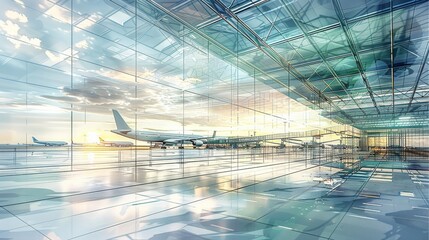 Poster - An architectural detailed vector illustration of an airport with airplanes, in the style of dynamic sketching, white, blue and green, contemporary glass. Generative AI.