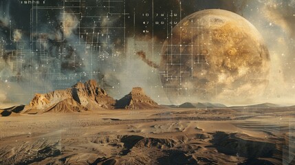 Poster - A desolate desert landscape with a large planet in the background. The planet is surrounded by a star field and has a large, glowing moon. The scene is a representation of the vastness