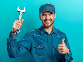 Wall Mural - A smiling man holding a wrench and giving thumbs up.