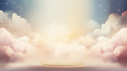 Wall Mural - an empty golden podium on a cloudy background for the presentation of goods in watercolor style