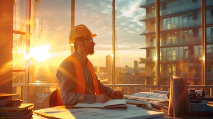 Fototapete - A man is seated at a desk placed in front of a window, concentrating on his work. The natural light from the window illuminates the scene, emphasizing the mans focused posture.